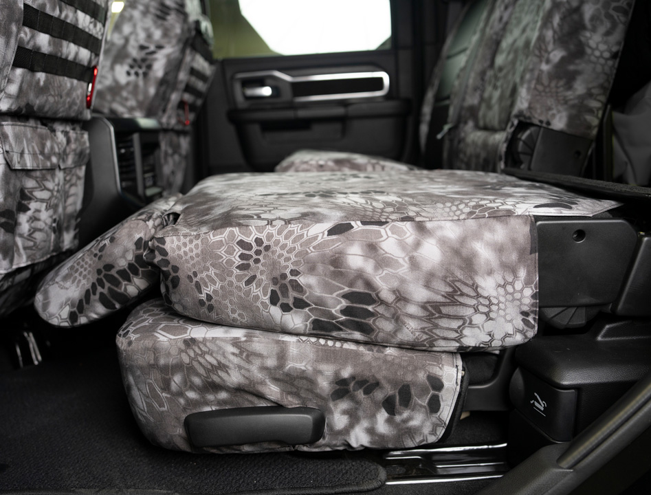 custom seat cover on a fold-flat seat